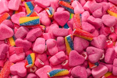 Lezzetli jelibon şekerler. Üst Manzara. Pembe jöleli şeker arka planı. 