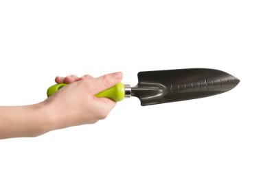 Beyaz arka planda küçük yeşil kürekli bir kadın..  