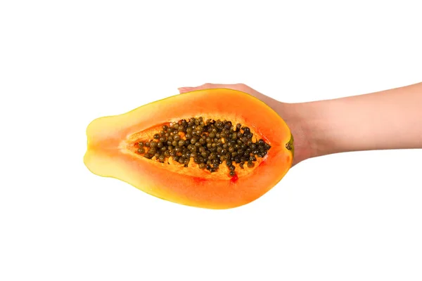 Papaya Fruit Geïsoleerd Een Witte Achtergrond Handen Van Vrouw Tropisch — Stockfoto