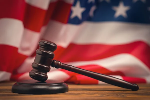 Wooden Judge Gavel Soundboard American Flag Background Justice Law System — Stock Photo, Image