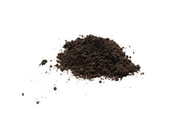 Beyaz arka planda izole edilmiş bitkiler için kara toprak. Yer deseni.