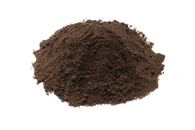 Beyaz arka planda izole edilmiş bitkiler için kara toprak. Yer deseni.