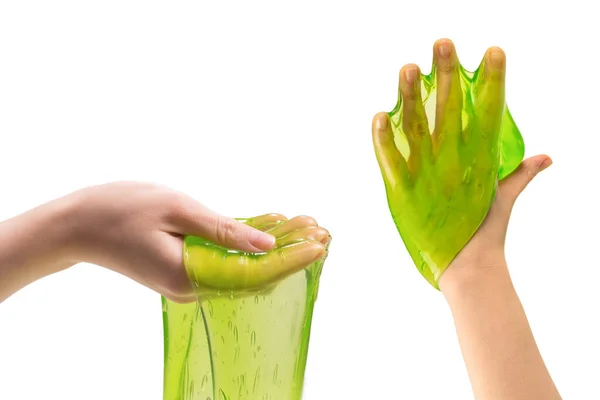 Brinquedo Lodo Verde Mão Mulher Isolado Branco Vista Superior — Fotografia de Stock