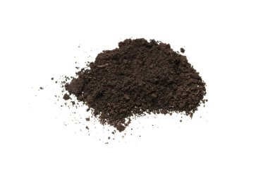 Beyaz arka planda izole edilmiş bitkiler için kara toprak. Yer deseni.