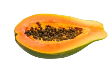 Papaya meyvesi beyaz arka planda izole edilmiş. Tropik meyve. Yarı papaya. Üst görünüm. 