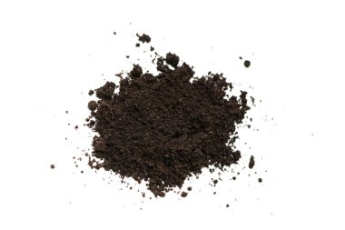 Beyaz arka planda izole edilmiş bitkiler için kara toprak. Yer deseni.