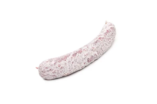 Salame Saboroso Isolado Fundo Branco Vista Superior — Fotografia de Stock