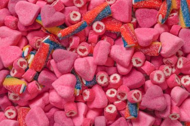 Lezzetli jelibon şekerler. Üst Manzara. Pembe jöleli şeker arka planı. 