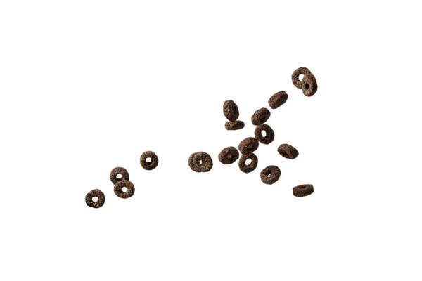 Anéis Chocolate Cereal Derramar Uma Tigela Pequeno Almoço Isolado Sobre — Fotografia de Stock