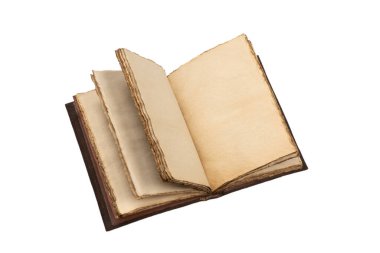 Beyaz bir arkaplanda izole edilmiş boş eski bir defter. Boşluğu kopyala.  