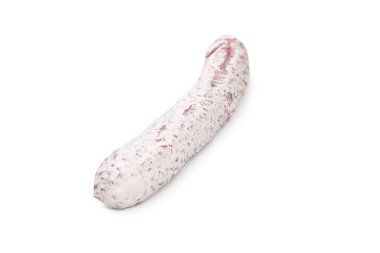 Beyaz arka planda izole edilmiş lezzetli bir salam. Üst görünüm. 