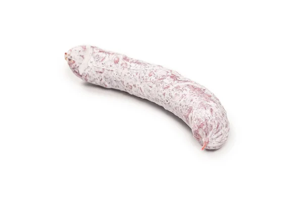 Savoureux Salami Isolé Sur Fond Blanc Vue Dessus — Photo