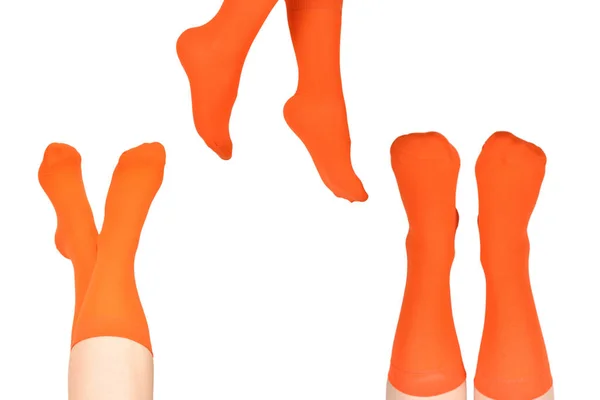 Оранжевые Носки Женской Ноге Изолированы Белом Фоне — стоковое фото