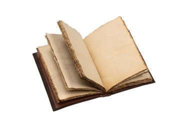 Beyaz bir arkaplanda izole edilmiş boş eski bir defter. Boşluğu kopyala.  