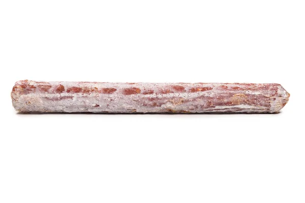 Smaklig Salami Isolerad Vit Bakgrund Ovanifrån — Stockfoto