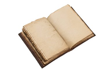Beyaz bir arkaplanda izole edilmiş boş eski bir defter. Boşluğu kopyala.  