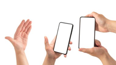 Beyaz arka planda elle izole edilmiş akıllı telefon. Beyaz perde. Boşluğu kopyala.