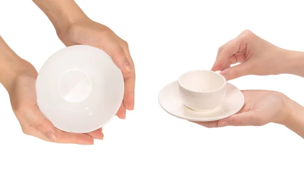 Taza Café Vacía Mano Mujer Aislada Sobre Fondo Blanco —  Fotos de Stock