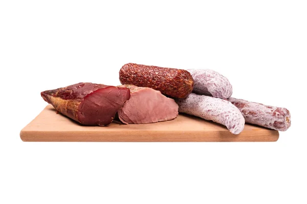 Vários Carne Carne Defumada Salsicha Salame Isolado Fundo Branco — Fotografia de Stock