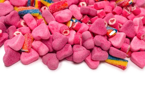 Verschiedene Leckere Gummibärchen Ansicht Von Oben Rosa Gelee Bonbons Hintergrund — Stockfoto