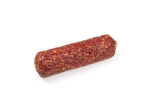 Tasty salami isolated on a white background. Top view. 