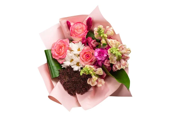 Strauß Zartrosa Blüten Rosa Geschenkpapier Isoliert Auf Weißem Hintergrund — Stockfoto