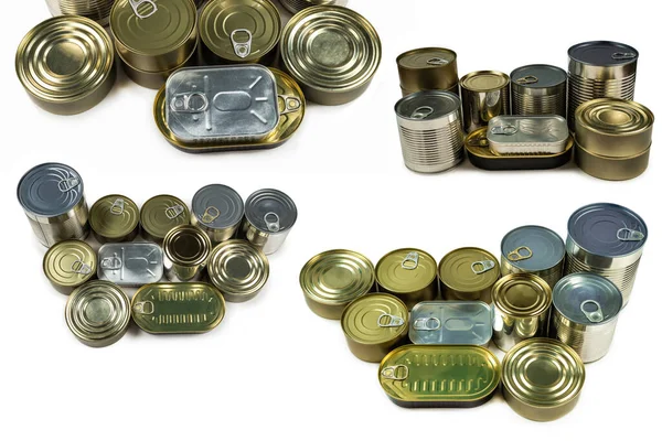 Beyaz arka planda izole edilmiş teneke kutuların karışımı. Boşluğu kopyala.