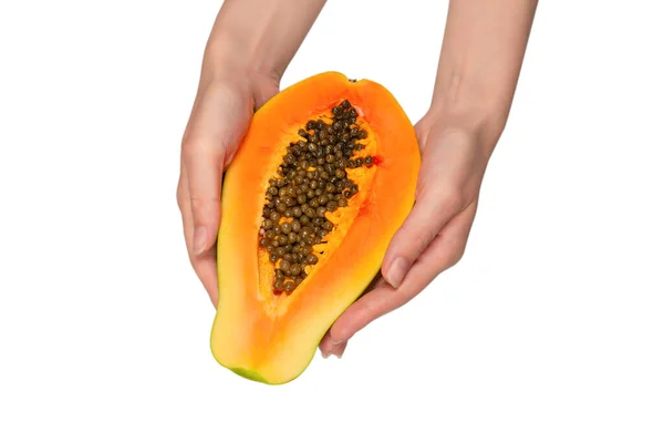 Papaya Frucht Isoliert Auf Weißem Hintergrund Frauenhänden Tropische Früchte Halbe — Stockfoto