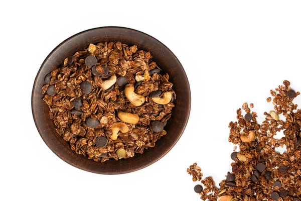 Cereales Granola Chocolate Con Nueces Una Cuchara Madera Aislado Suelo —  Fotos de Stock