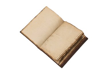 Beyaz bir arkaplanda izole edilmiş boş eski bir defter. Boşluğu kopyala.  