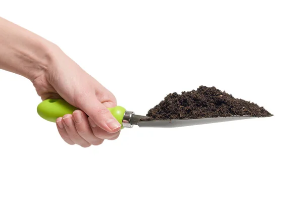 Little Green Shovel Soil Woman Hand Isolated White Background — Stock Photo, Image