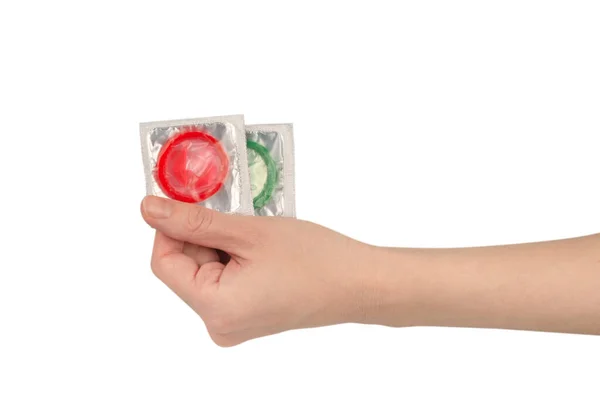 Preservativo Mão Mulher Isolado Fundo Branco — Fotografia de Stock