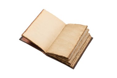 Beyaz bir arkaplanda izole edilmiş boş eski bir defter. Boşluğu kopyala.  