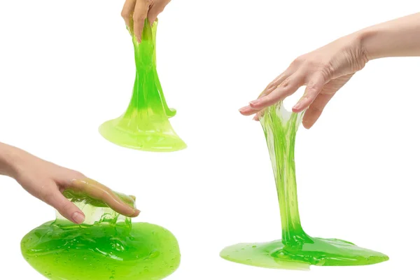 Grünes Schleimspielzeug Frauenhand Isoliert Auf Weißem Hintergrund — Stockfoto