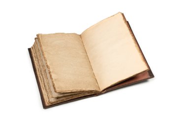 Beyaz bir arkaplanda izole edilmiş boş eski bir defter. Boşluğu kopyala.  