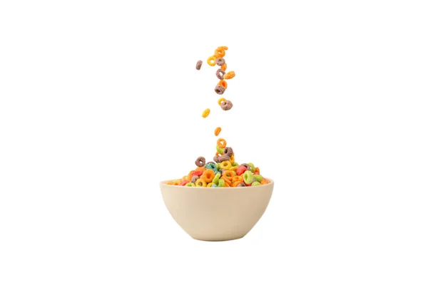 Colorful Cereal Box Morning Breakfast Corn Flakes Falling White Bowl — Stock Photo, Image