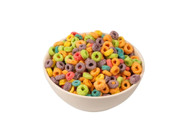 Los Coloridos Anillos Cereales Derraman Tazón Desayuno Aislado Sobre Fondo — Foto de Stock