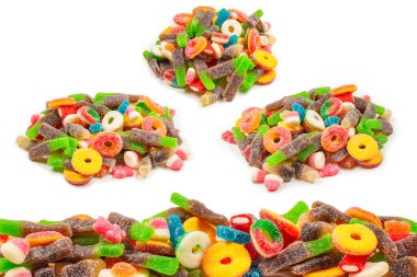 Çeşit çeşit şekerleme. Üst Manzara. Jöleli şekerler. Beyazda izole edilmiş.