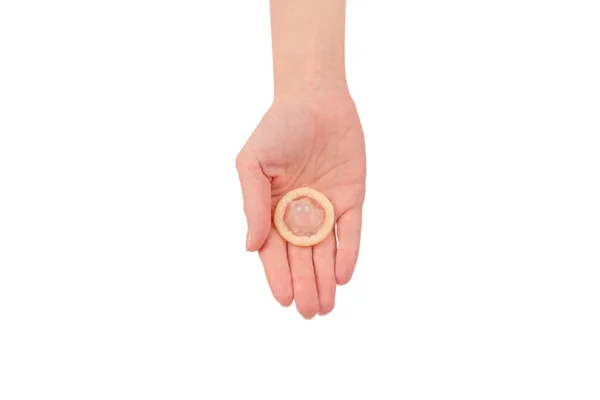 Preservativo Mão Mulher Isolado Fundo Branco — Fotografia de Stock