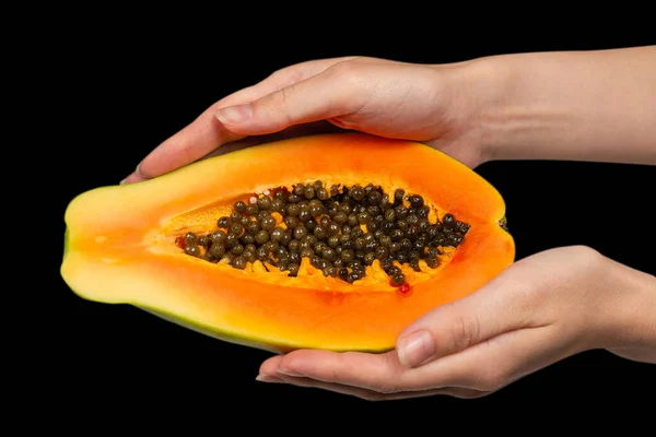 Papaya Fruit Isolated Black Background Woman Hands Tropical Fruit Half — Stock Photo, Image