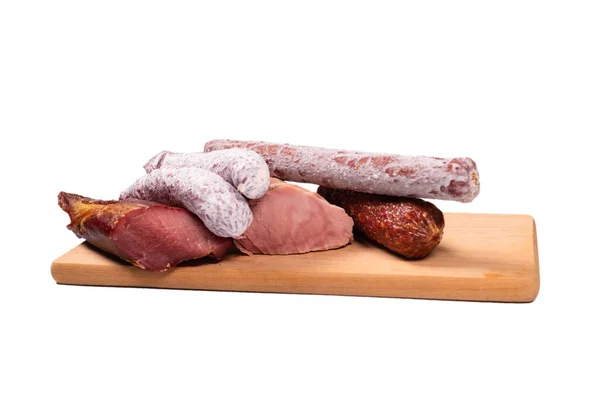 Różne Mięso Mięso Wędzone Kiełbasa Salami Izolowane Białym Tle — Zdjęcie stockowe