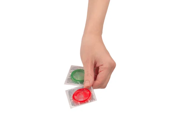 Kondom Ruce Ženy Izolované Bílém Pozadí — Stock fotografie