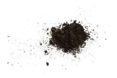 Beyaz arka planda izole edilmiş bitkiler için kara toprak. Yer deseni.