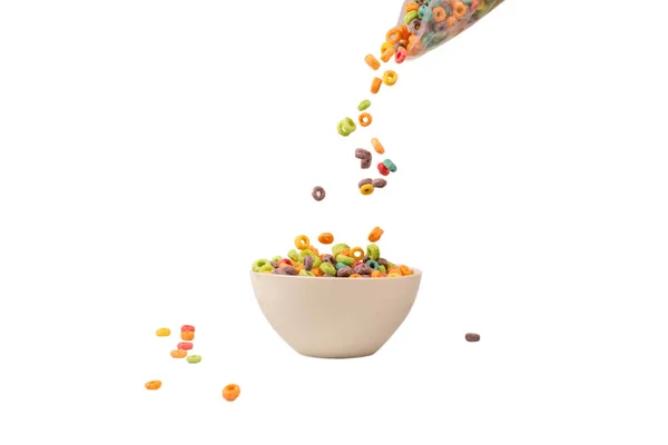 Caixa Cereais Colorida Para Pequeno Almoço Matinal Flocos Milho Caindo — Fotografia de Stock
