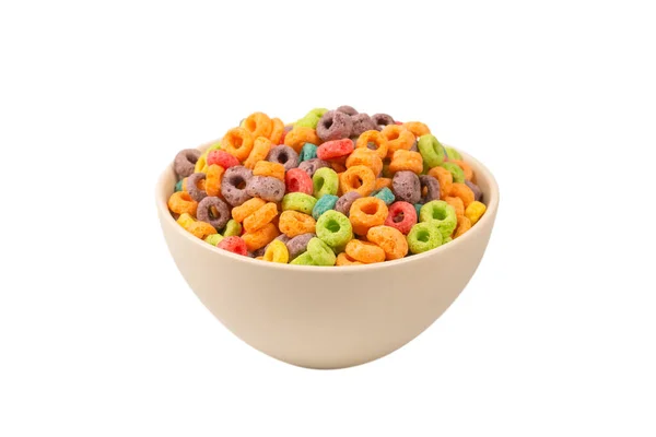 Anéis Coloridos Cereal Derramar Uma Tigela Pequeno Almoço Isolado Sobre — Fotografia de Stock