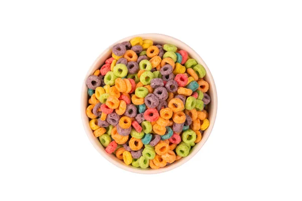 Kolorowe Pierścienie Płatków Wylać Miski Śniadanie Izolacja Białym Tle — Zdjęcie stockowe