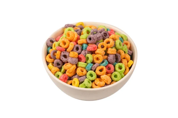 Los Coloridos Anillos Cereales Derraman Tazón Desayuno Aislado Sobre Fondo —  Fotos de Stock