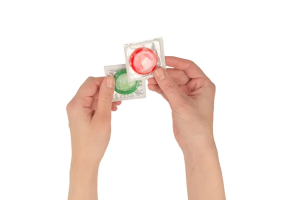 Kondom Frauenhand Isoliert Auf Weißem Hintergrund — Stockfoto