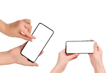 Beyaz arka planda izole edilmiş kadınlarda akıllı telefon. Beyaz perde. Boşluğu kopyala.