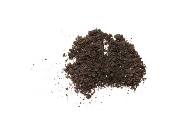 Beyaz arka planda izole edilmiş bitkiler için kara toprak. Yer deseni.